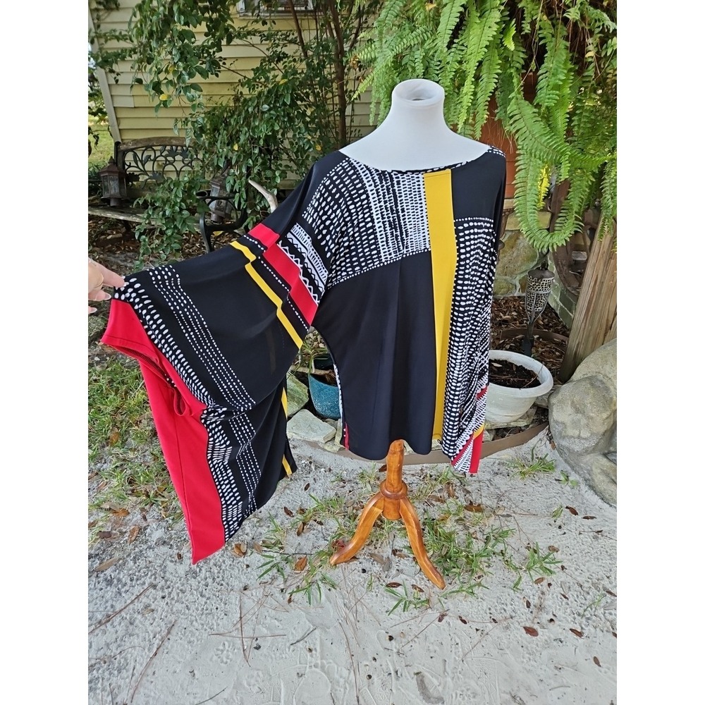 Polka Dot Extreme Kimono Bell Sleeve Top Mixed Pattern Red/Yellow/Black Tunic 2X